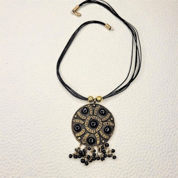 BLACK and Gold Tone Burnished Round Pendant Necklace - Picture 2 of 5
